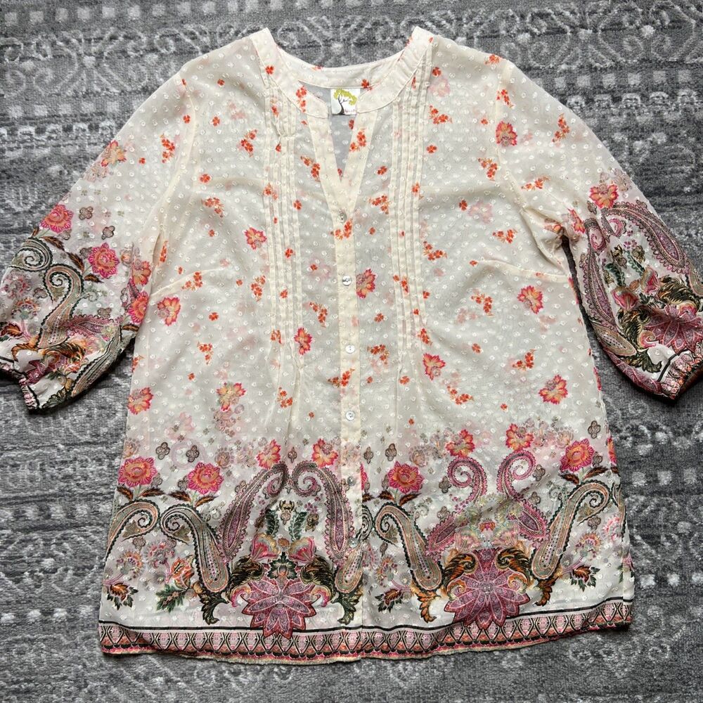 Fig and Flower Sheer Button Up Blouse Peasant Top Tunic Shirt Plus Size 1X /XL